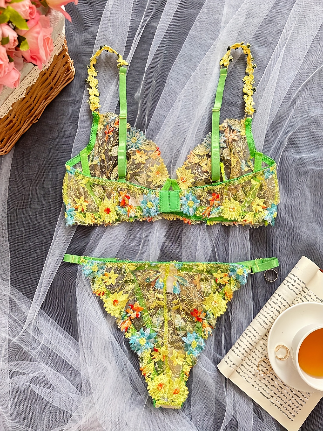 Floral Embroidery Lingerie Set Mesh Unlined Bra Sheer - Temu Canada