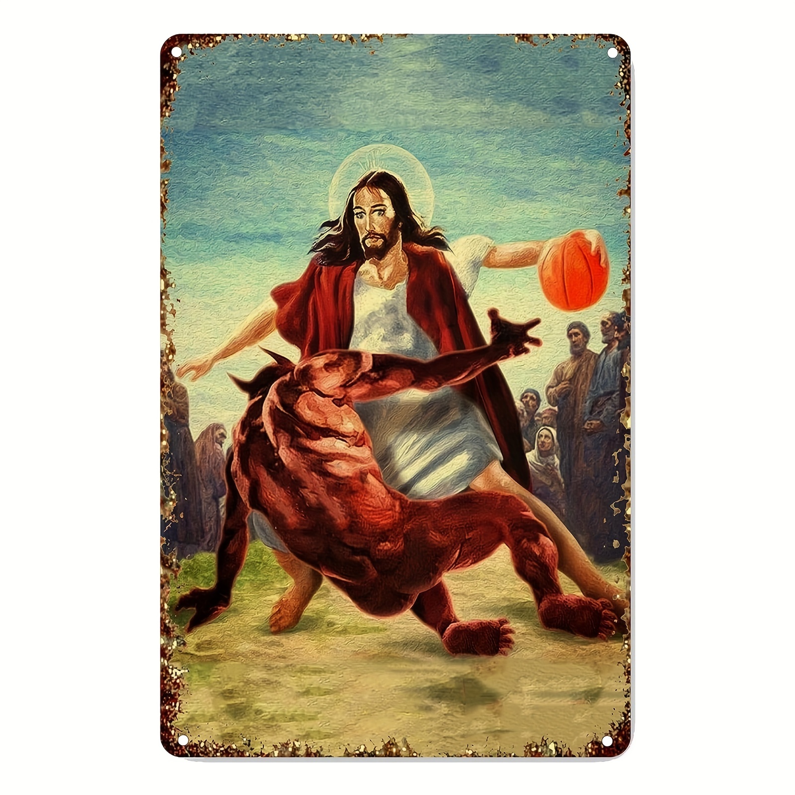 1 Pièce, Panneau En Métal Vintage – Jésus Vs Satan Dans Le Basket-ball,  Affiche Drôle, Plaque De Décoration Murale Pour La Maison, Bar, Pub, Club