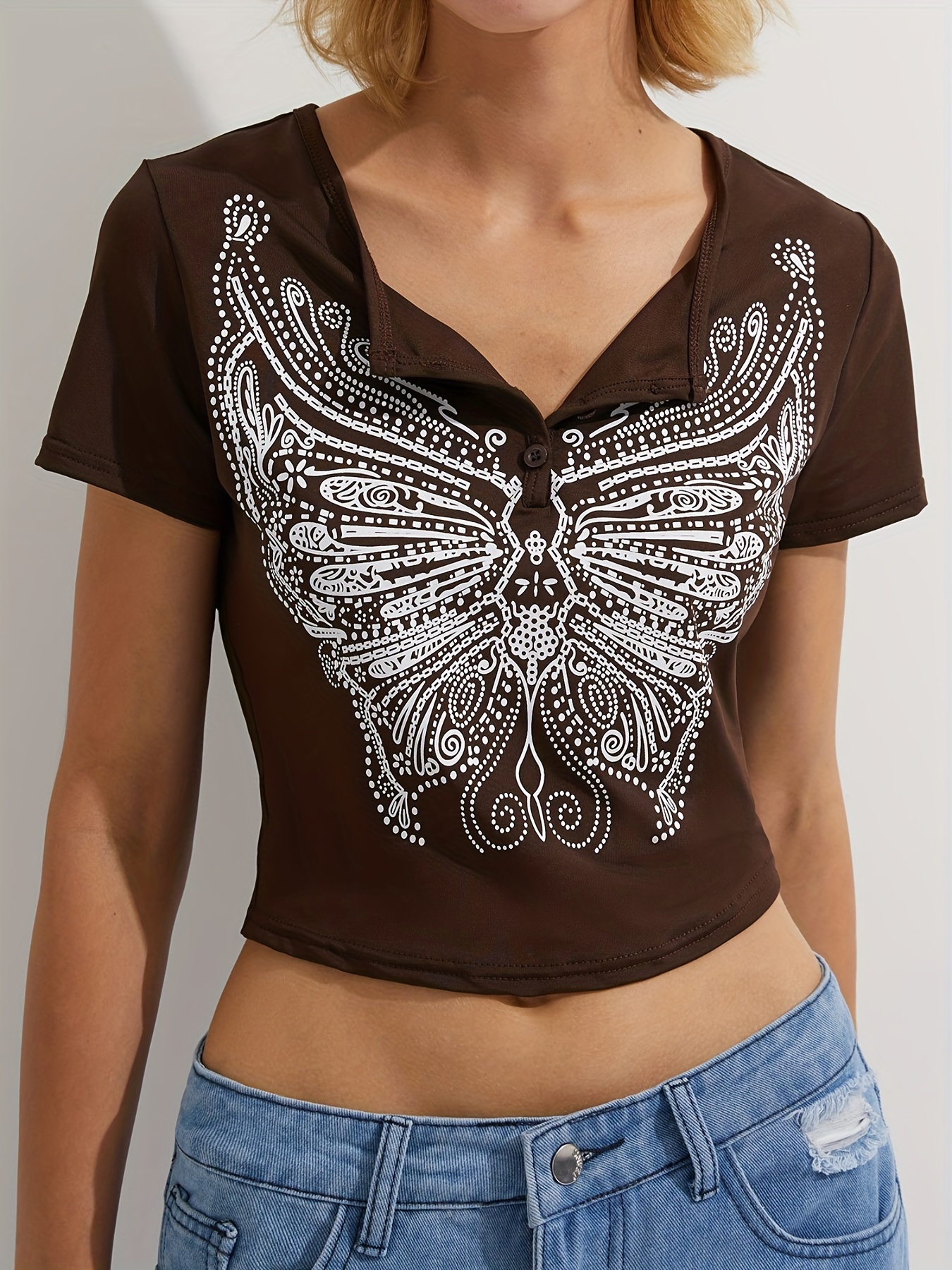 Y2k Butterfly Print Mesh Sheer T Shirt Casual Crew Neck Short