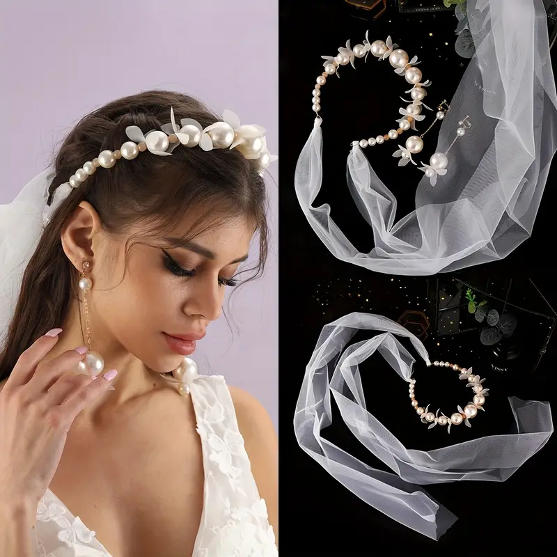 Bridal Headwear Pearl Flower Headband Veil Earrings Fashion - Temu