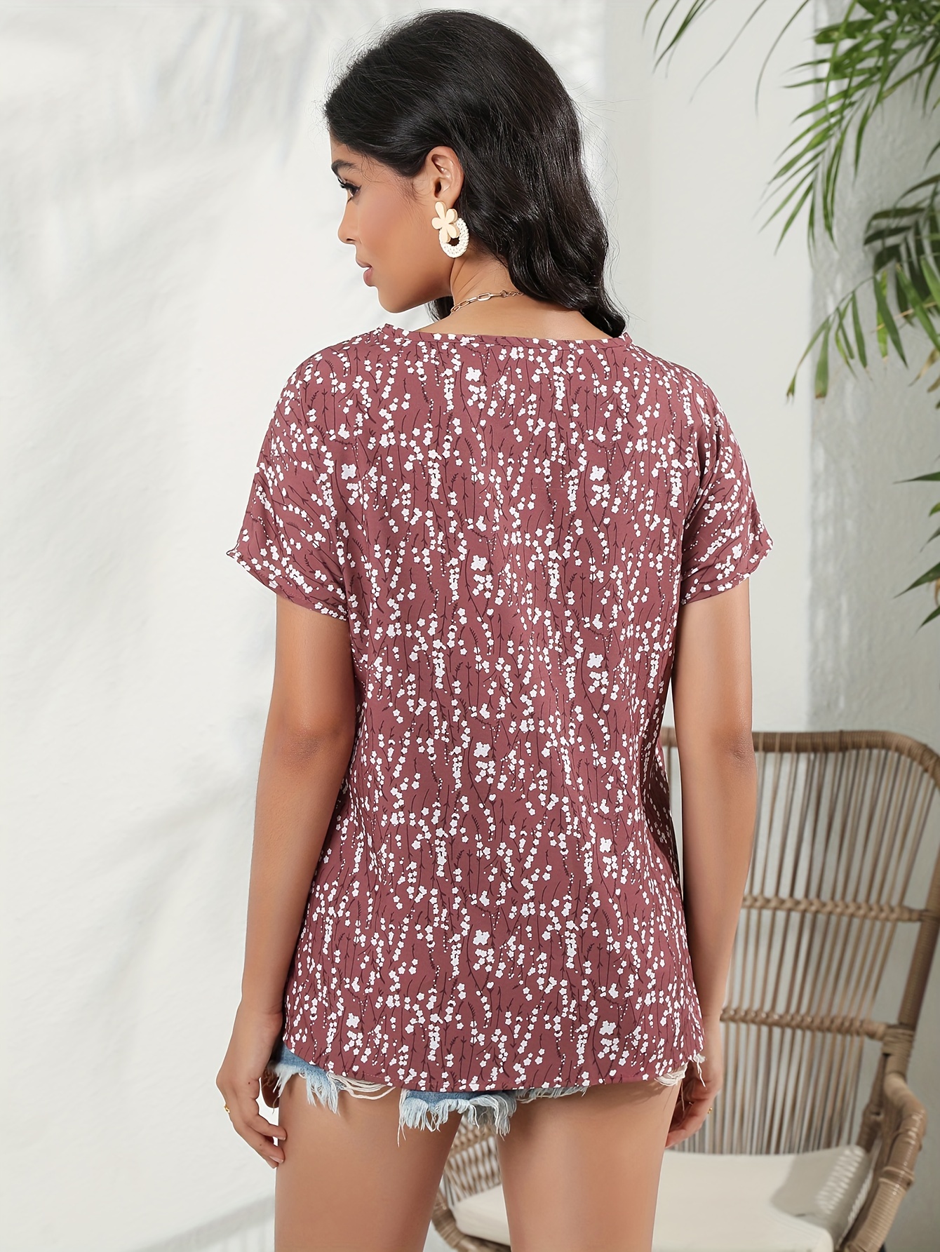 Ditsy Floral Print Blouse Elegant Crew Neck Short Sleeve - Temu Canada