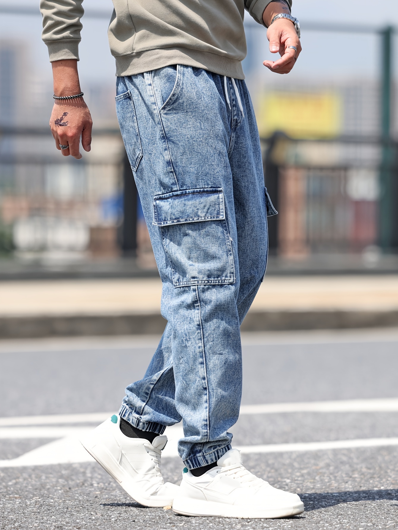 Moda Elastic Cargo Jeans Men Stretch Multi-pocket Skinny Jeans