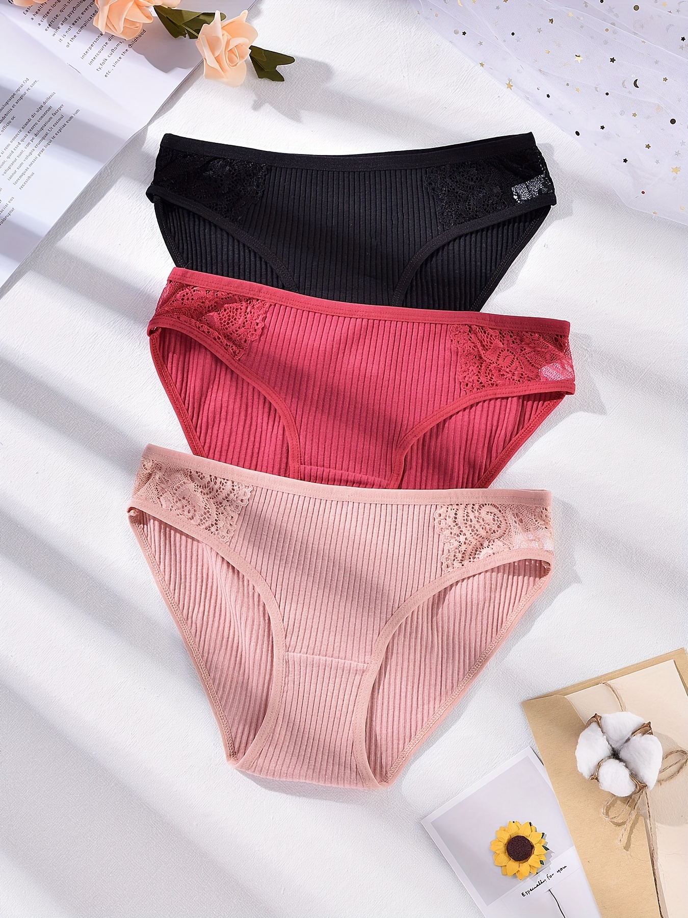 3pcs Contrast Lace Ribbed Briefs, Comfy & Soft Intimates Panties, Women's  Lingerie & Underwear