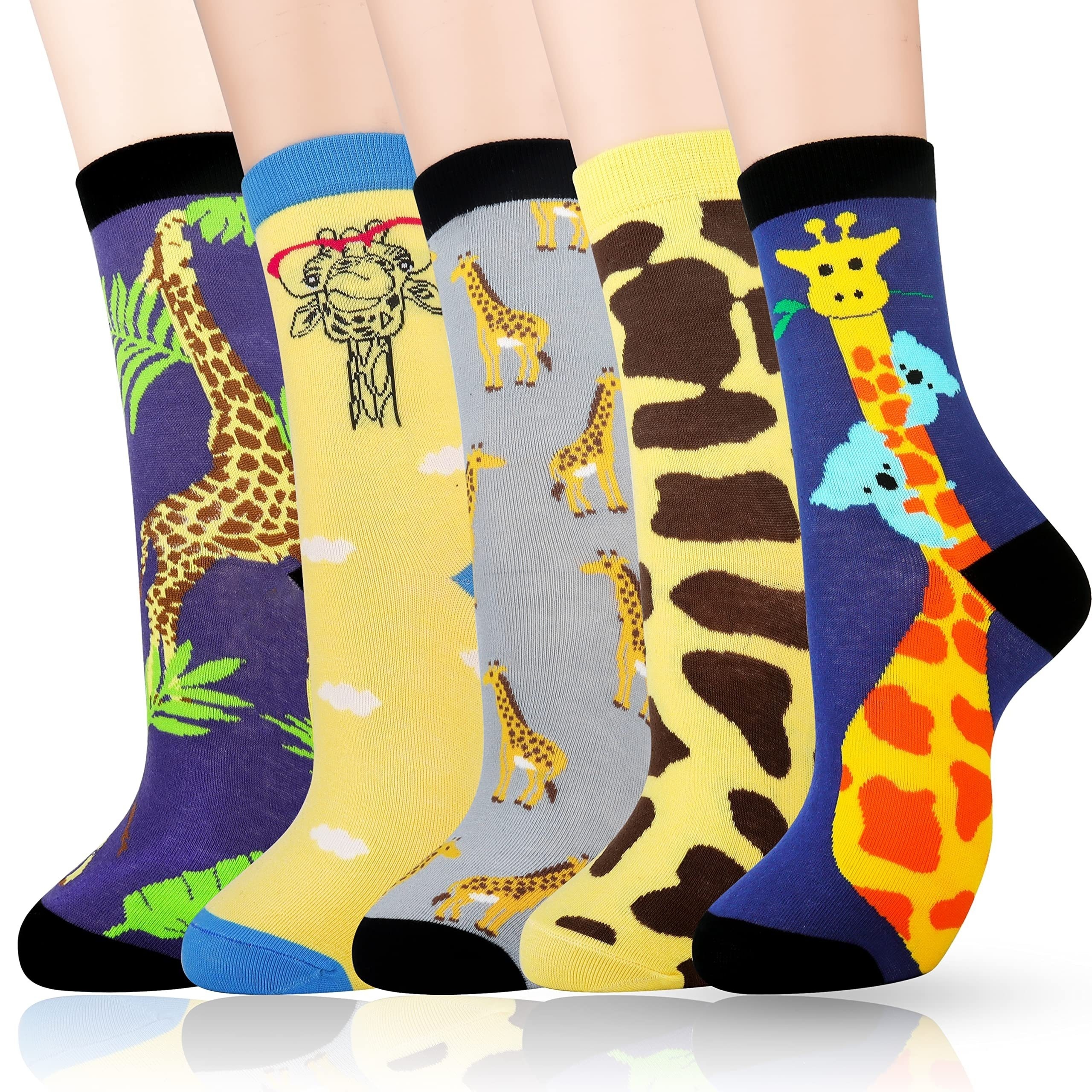 

5 Pairs Of Giraffe Socks, Funny Graphic Cotton Mid Calf Socks For Women