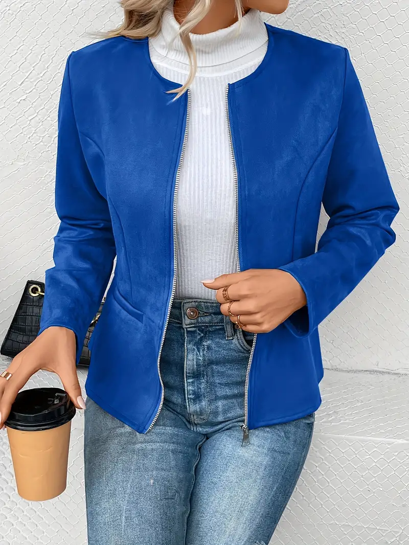 plus size elegant jacket womens plus solid long sleeve zip up round neck jacket details 13