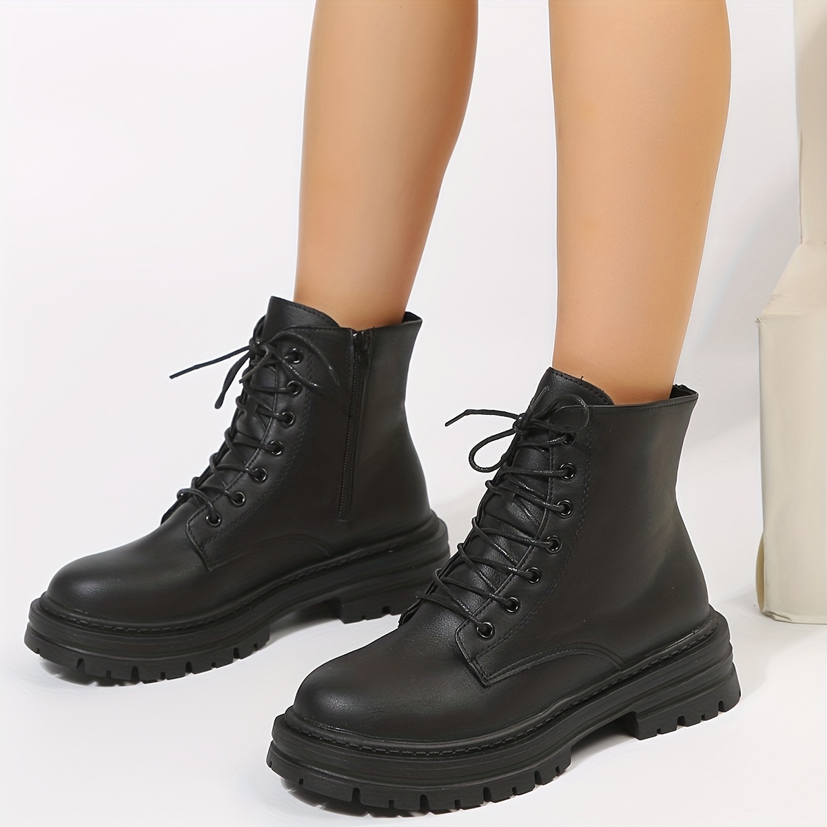 Botas femininas pretas com zíper na parte de trás, sapatos modernos com  bico redondo e cadarço, botas femininas de plataforma de cor lisa curtas