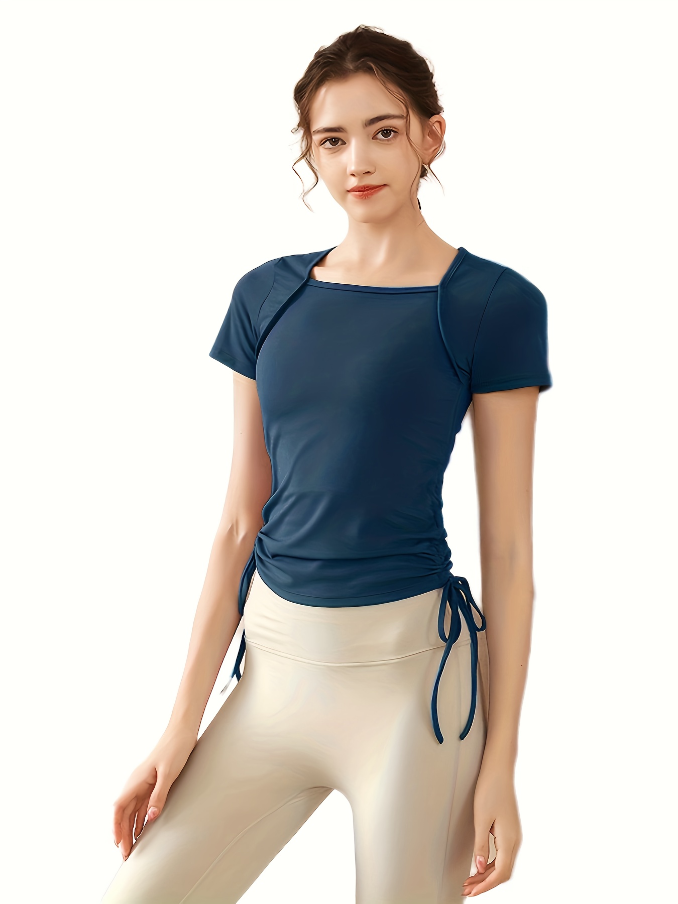 Drawstring Tie Side Yoga Top, Short Sleeves Slim Fit High Stretch Sporty  T-Shirt, Women's Activewear