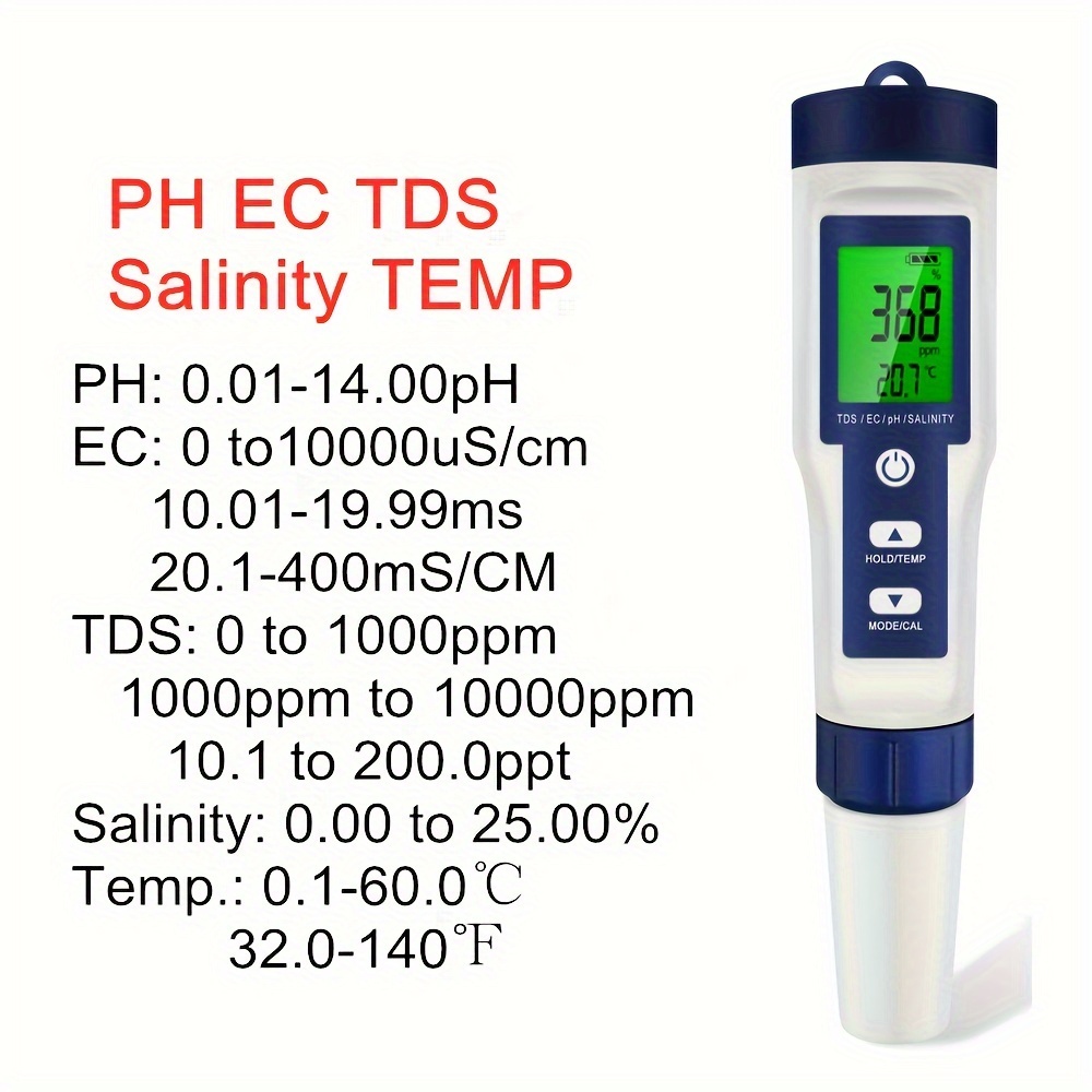 Ph mètre électronique 5-en-1, mesure Ph Tds Ec Salinité Température Testeur  de qualité de l'eau, affichage Lcd et précision de lecture, pour l'eau  potable, A (gratuit