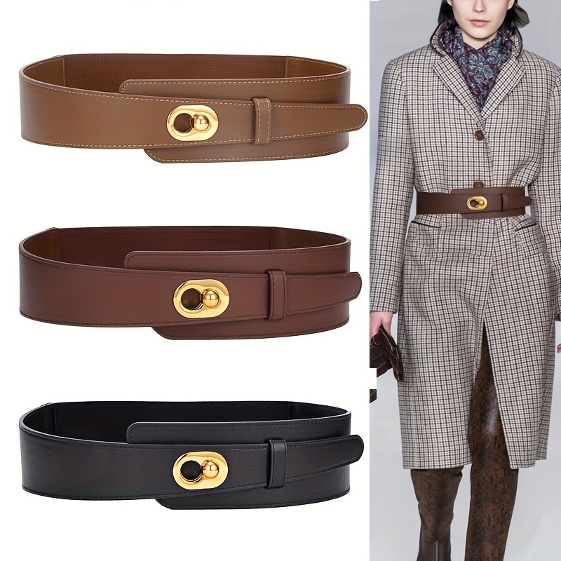 Classic Lock Buckle Pu Wide Belts Elegant Solid Color - Temu