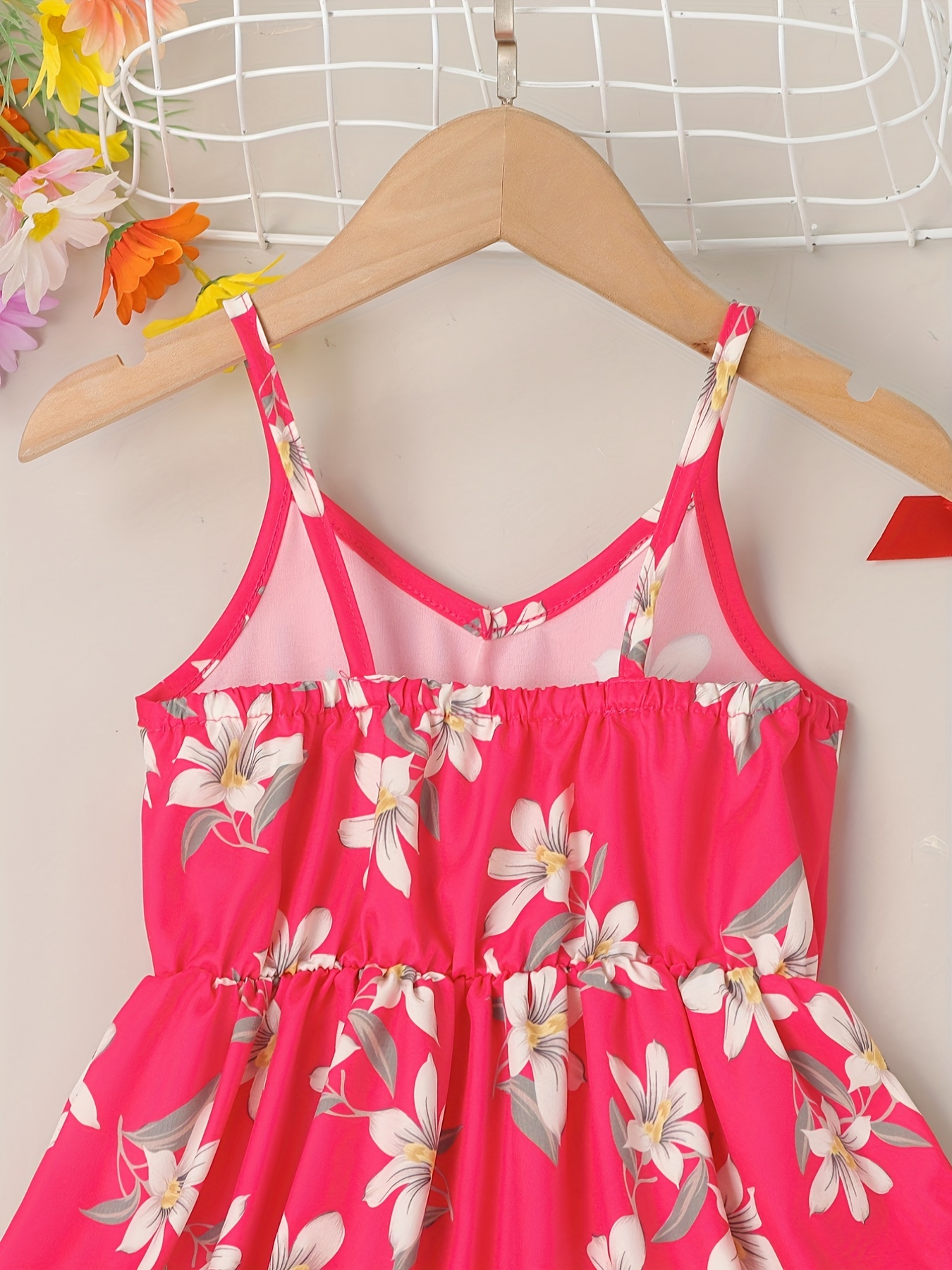 little girls cute sundress floral pattern party beach dress v-neck elastic waist camisole dress for summer rose red 3