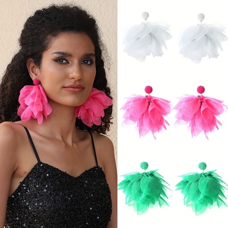 

1pair Dangle Earrings Hot Pink Flower Tassel Design Earrings Boho Style Jewelry Trendy Gift For Women