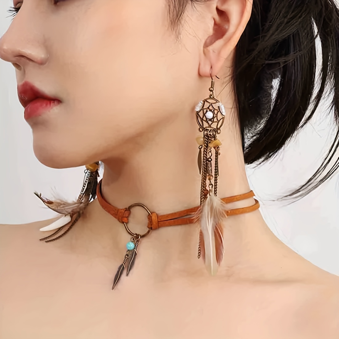 

3pcs Earrings + Choker Tribal Jewelry Set Special Dream Catching & Feather Design Match Daily Outfits Party Accessories