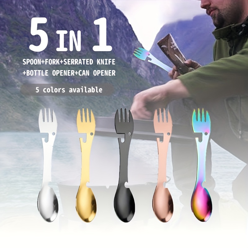 1pc Stainless Steel 5 In 1 Spoon, Fork, Serrated Knife, Bottle