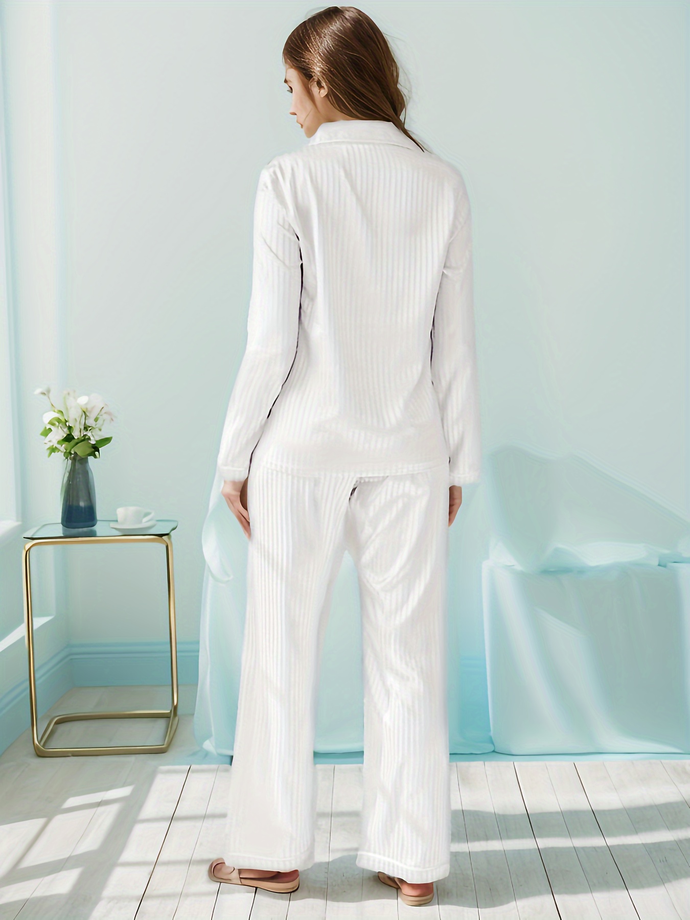 Stripe Jacquard Satin Pajama Set Casual Long Sleeve Button - Temu