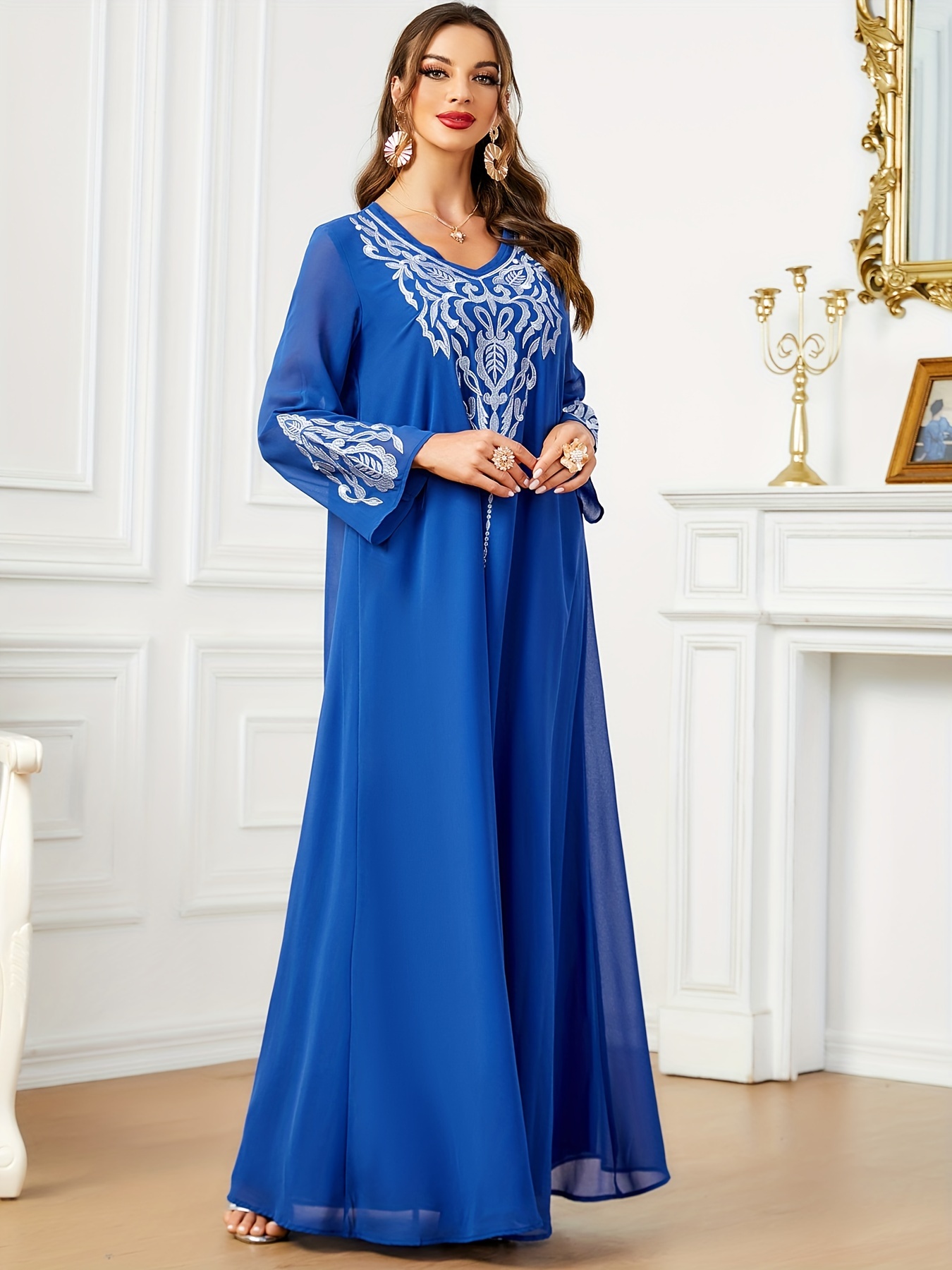 Ramadan V Neck Long Sleeve Kaftan Dress, Loose Casual Maxi Dress, Women's  Clothing