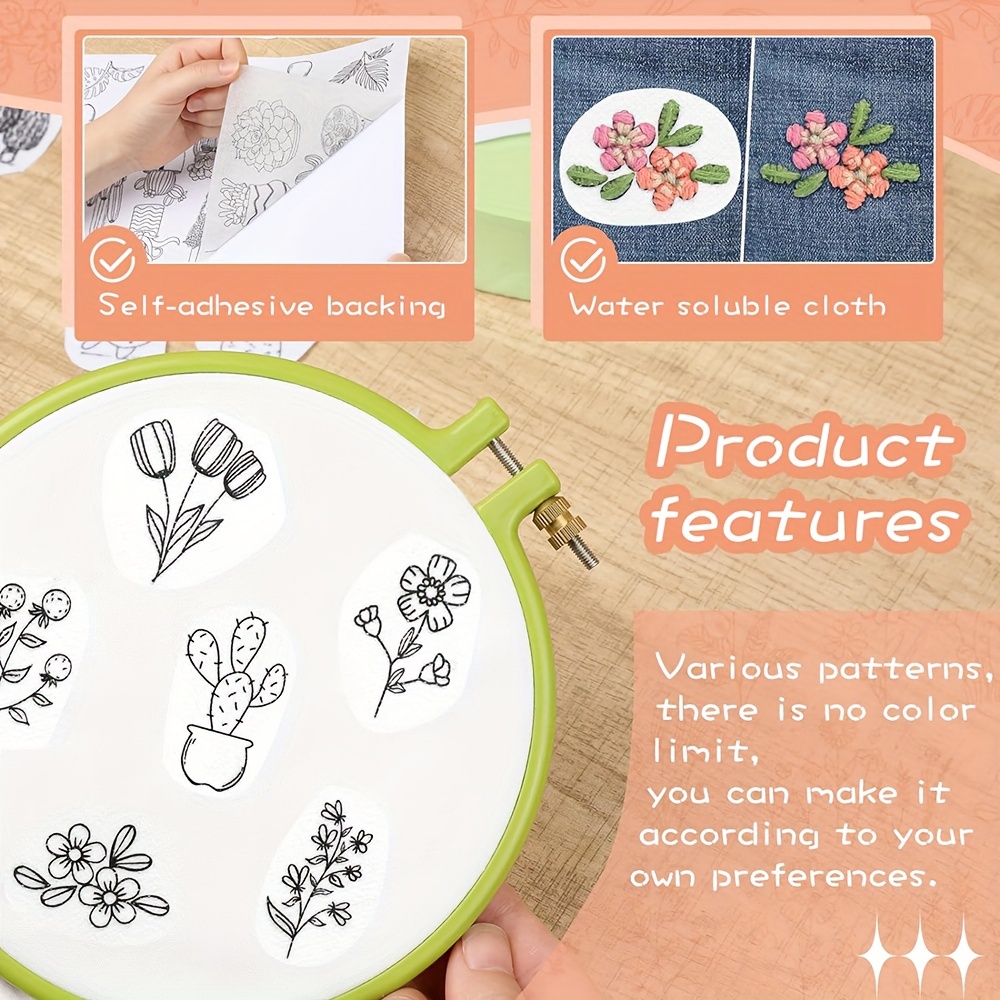 6pcs Water Soluble Embroidery Stabilizer With 172 Pre-Printed Patterns Self  Adhesive Hand Sewing Stabilizer Wash Away Flower Style Stabilizer Tear Awa