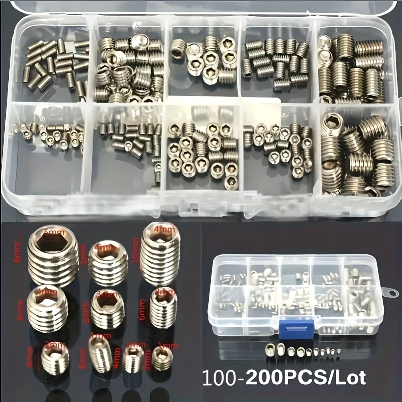 200pcs 304 Stainless Steel Screws Set Hex Head Flat Head Headless Screws