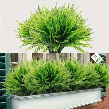1 Pack Of 8 Bundles Artificial Boston Fern Plants, Plastic Greenery Shrubs For Front Porch Garden Window Box Home Party Bathroom Spring Decor, Winter Xmas Home Decor, Spring New Year Room Decor