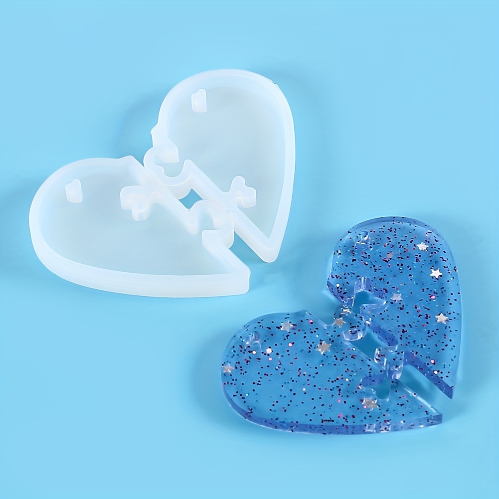 Image of 1 Pair Silicone Heart-shaped Resin Casting Molds, Diy Valentine's Day Couple Puzzle Pendant With Hole And Lock Clasp, Epoxy Craft Mold For Jewelry Making, Making | Heart Puzzle Design | Silicone Molds