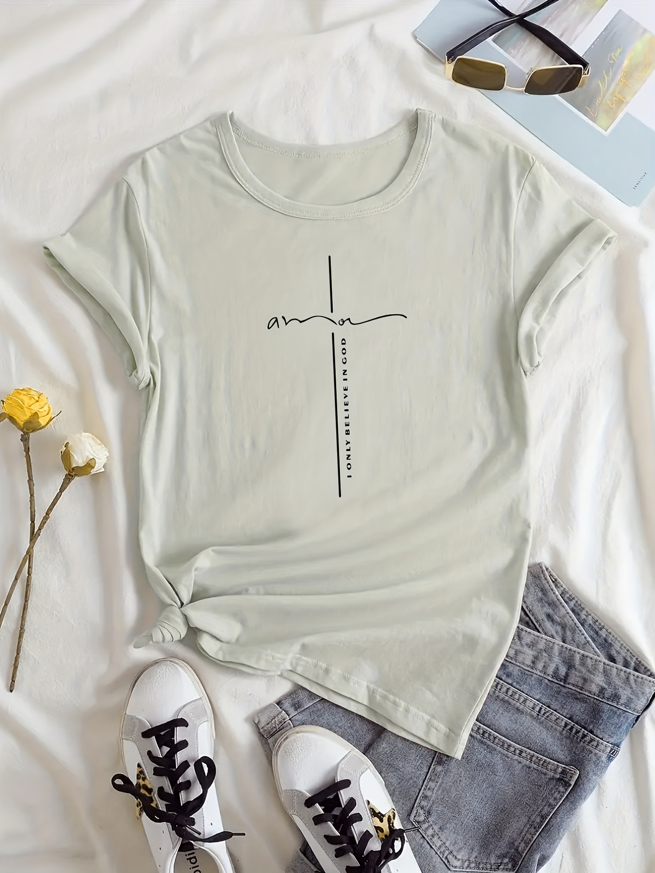 cross print christian t shirt casual short sleeve t shirt for spring summer womens clothing