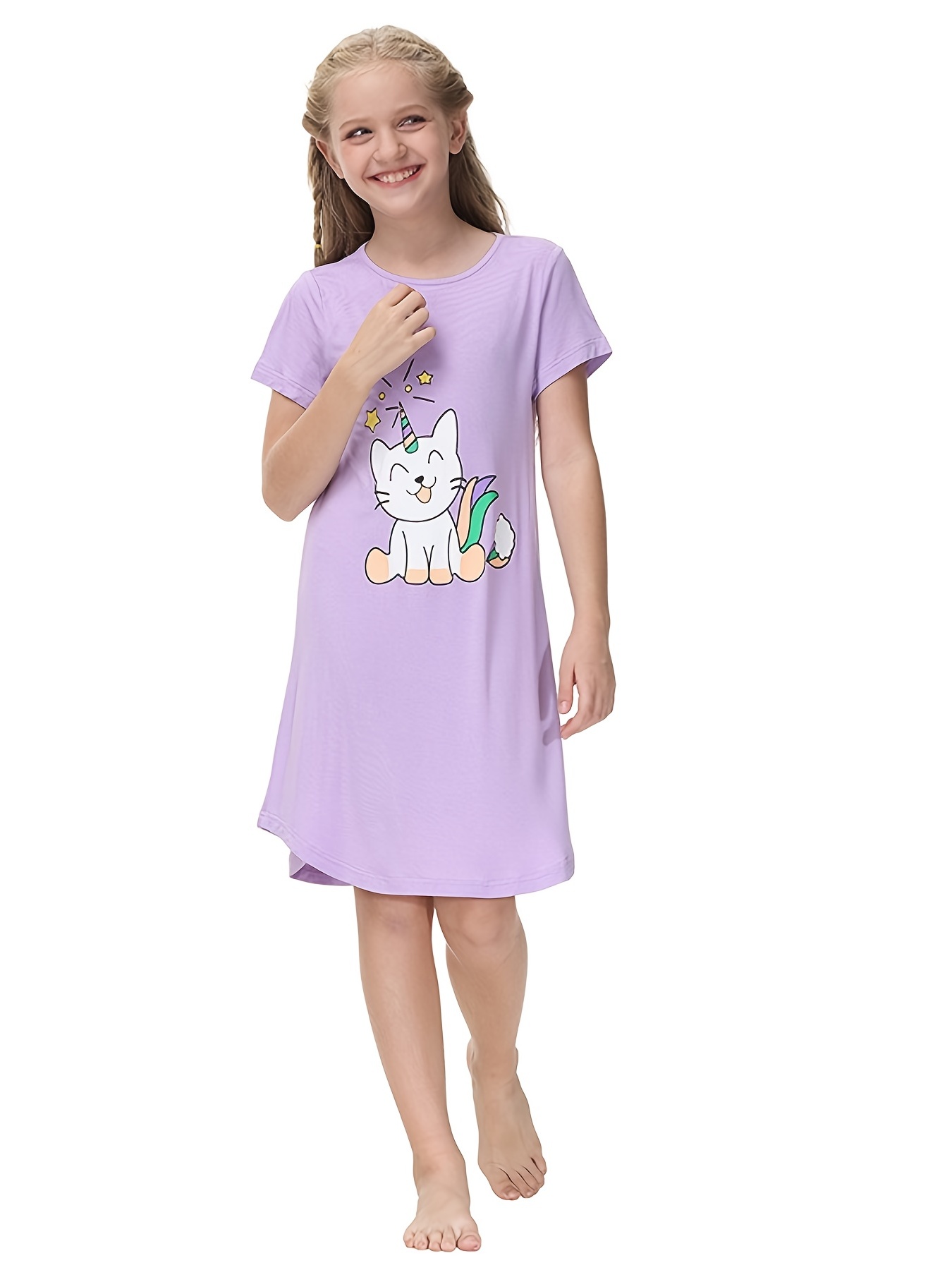 Girl's Plus Size Nightgown for Summer Short Sleeve Lace Ruffle