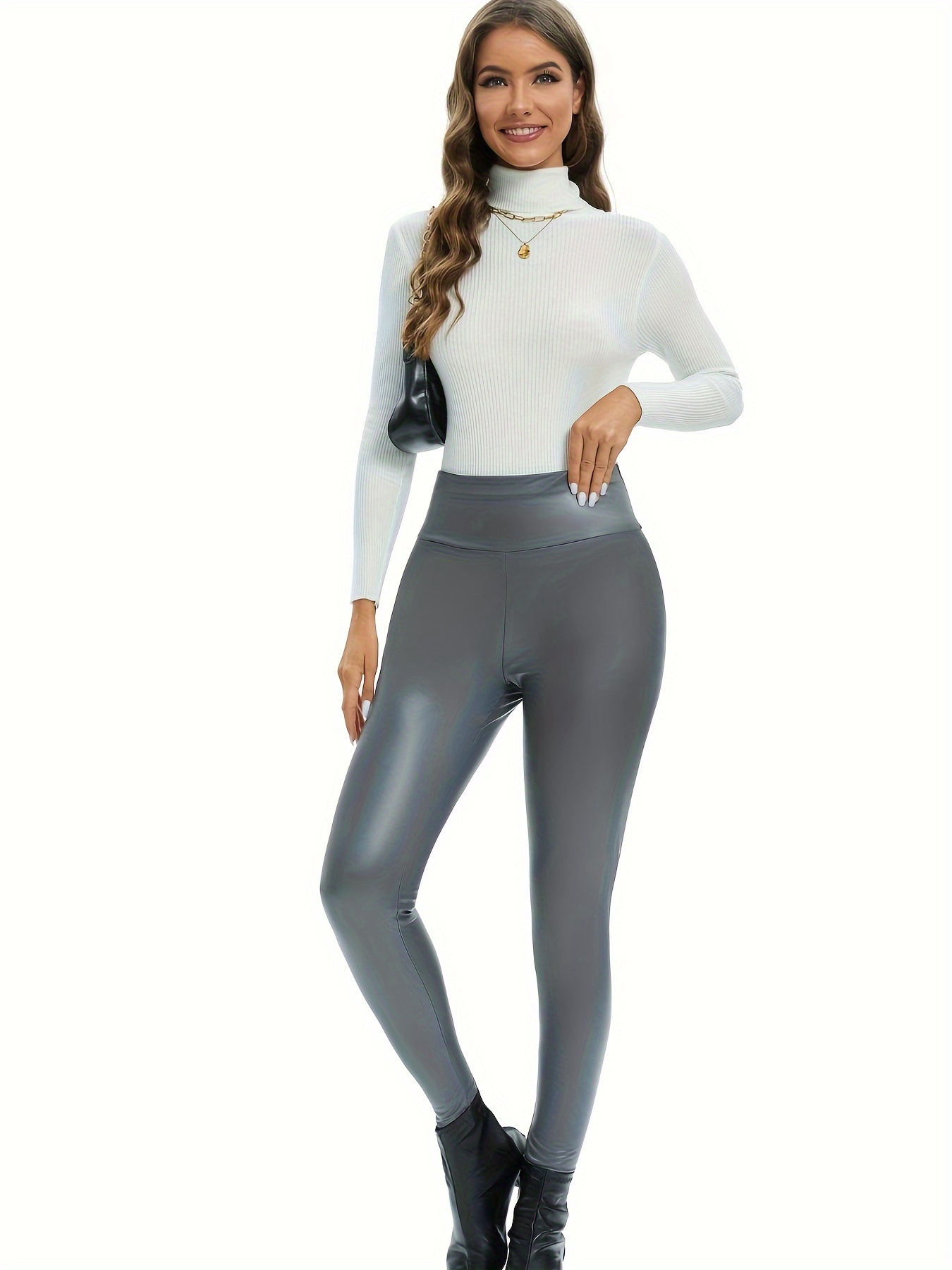 Women Fleece Lined Faux Leather Leggings, Warm High Waisted Yoga Pants  Workout Stretchy Faux Leather Leggings Pants Sexy High Waisted Tights