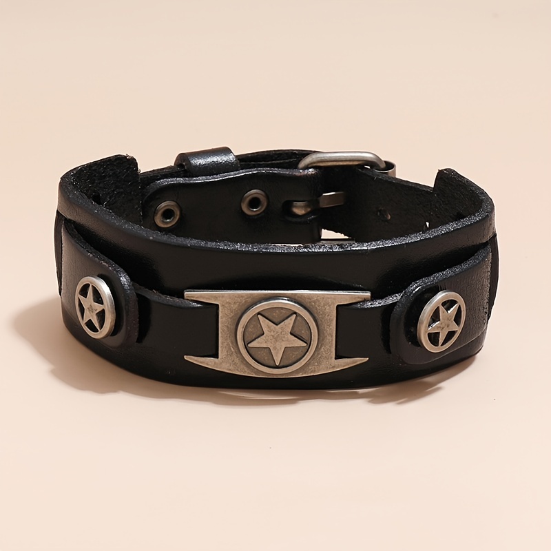 1pc pulsera de hombre de cuero   premium estilo punk rock con diseño de   estrellas de aleación de   - brazalete     para moda de tendencia, pulsera casual|joyería de declaració etalle de estrella   6