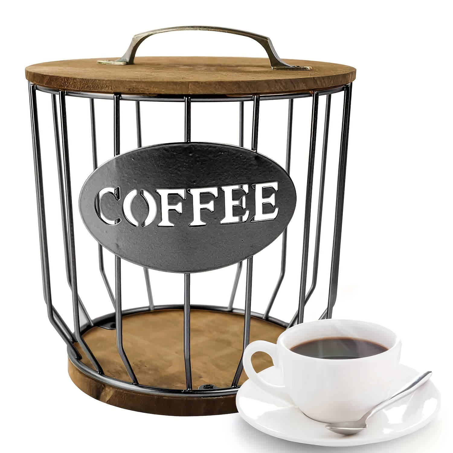 

1pc Coffee Pod Holder, Large Capacity Black Wire Storage Basket With Wooden Base, Modern Coffee Basket Decor For Kitchen Countertop For Pods & Espresso Capsules