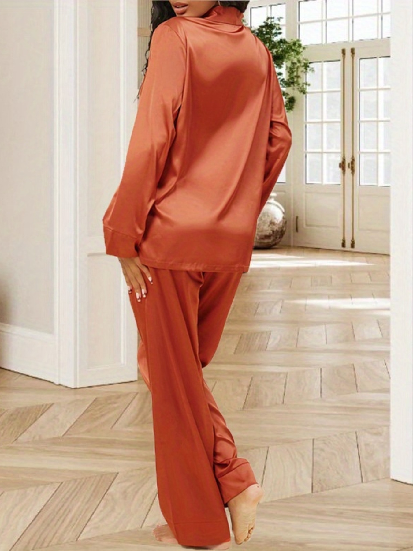 Plaid Satin Pajama Set, Long Sleeve Buttons Top & Elastic Waistband Pants,  Women's Sleepwear & Loungewear - Temu Bahrain
