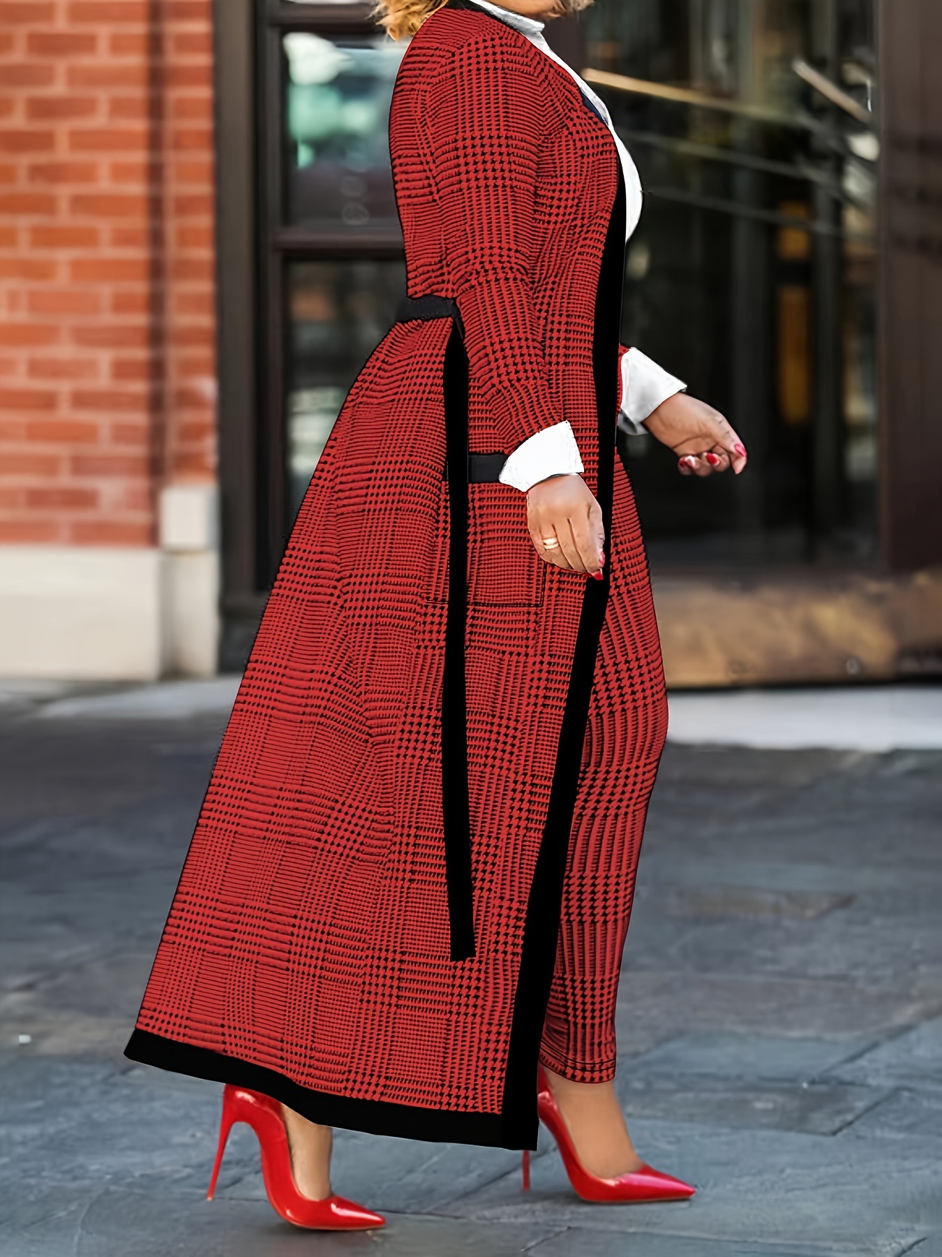 Houndstooth Print Elegant Two piece Set Open Front Long - Temu Canada