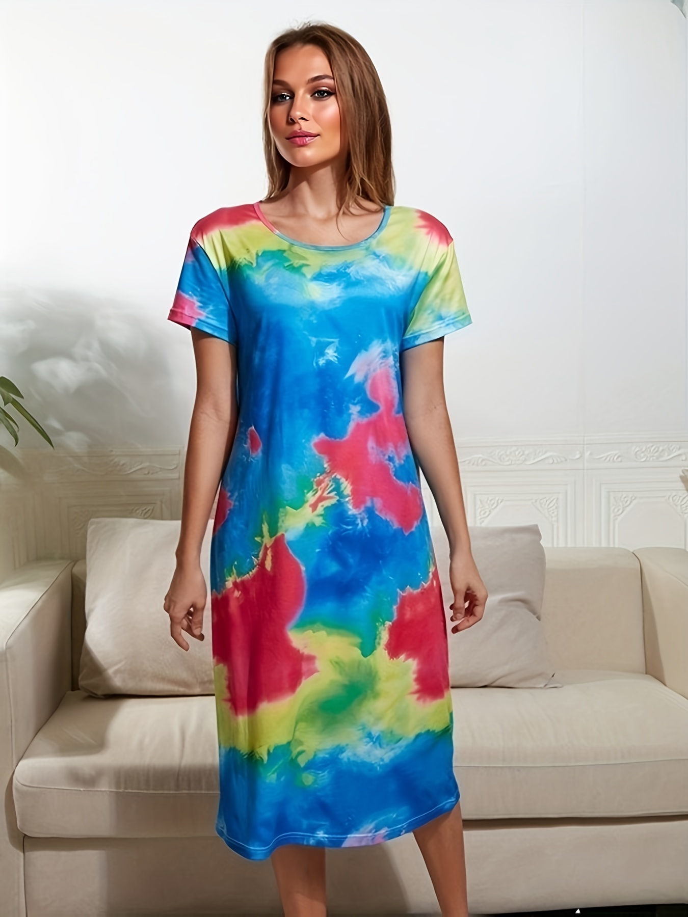 tie dye print lounge dresses casual crew neck short sleeve - Temu