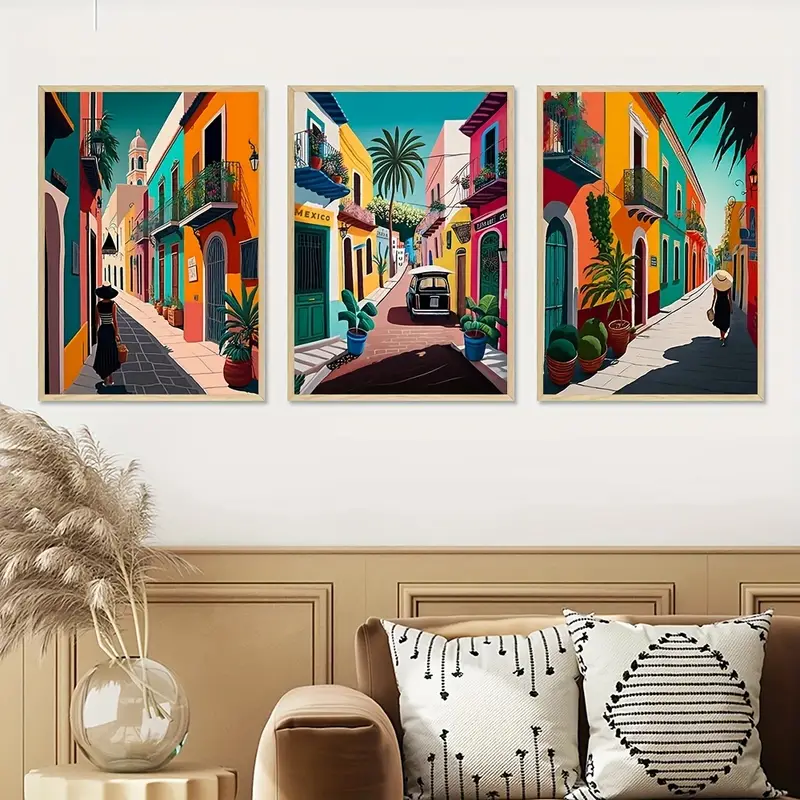 3pcs Mexican Street Art Canvas Painting, Watercolor Oil Painting Canvas  Wall Art, For Now Home Wall Decor, Gift, No Frame