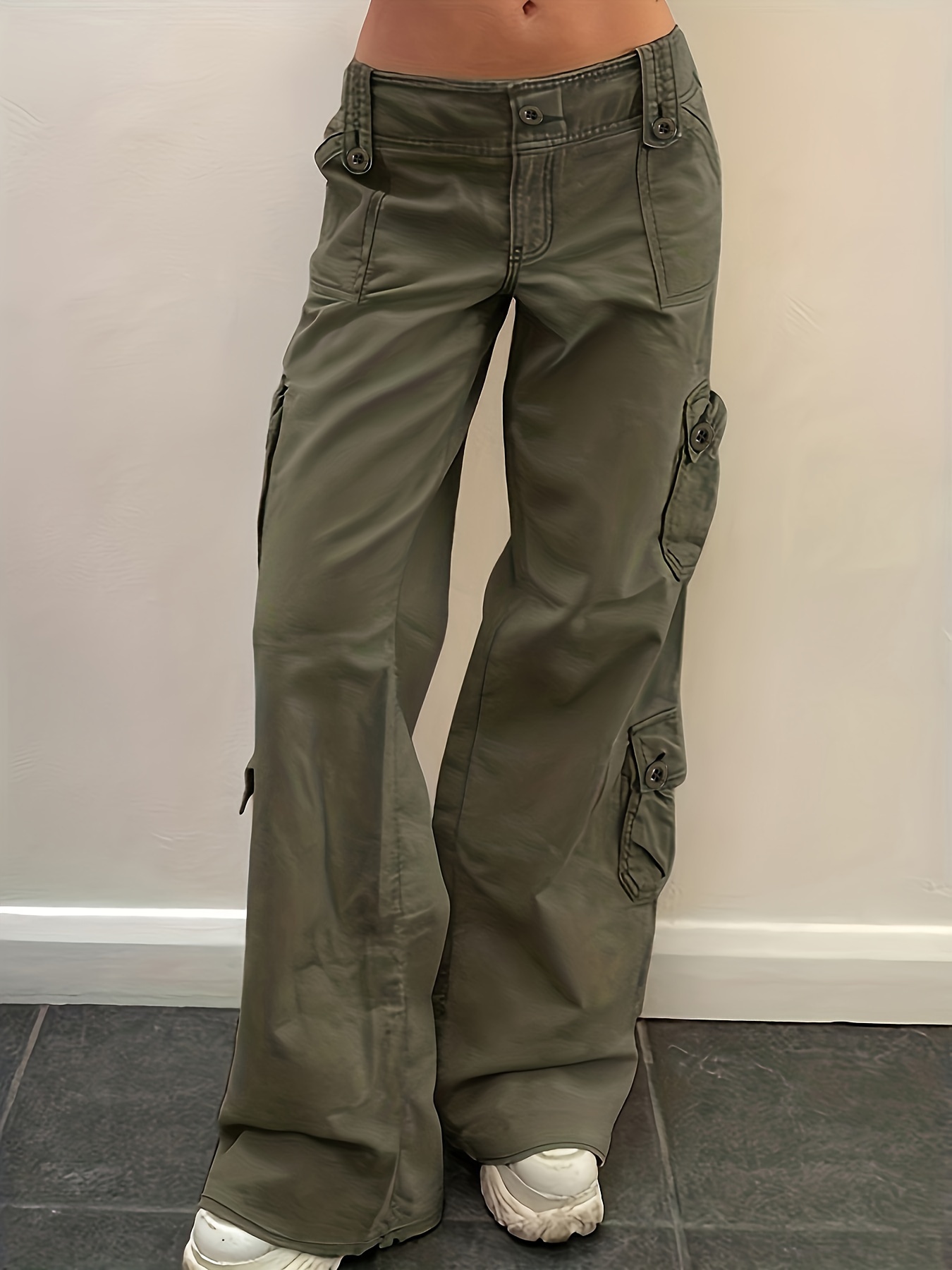 Army Green Wide Legs Cargo Pants, Flap Pockets Loose Fit Straight Jeans,  Y2K & Kpop Style, Women's Denim Jeans & Clothing