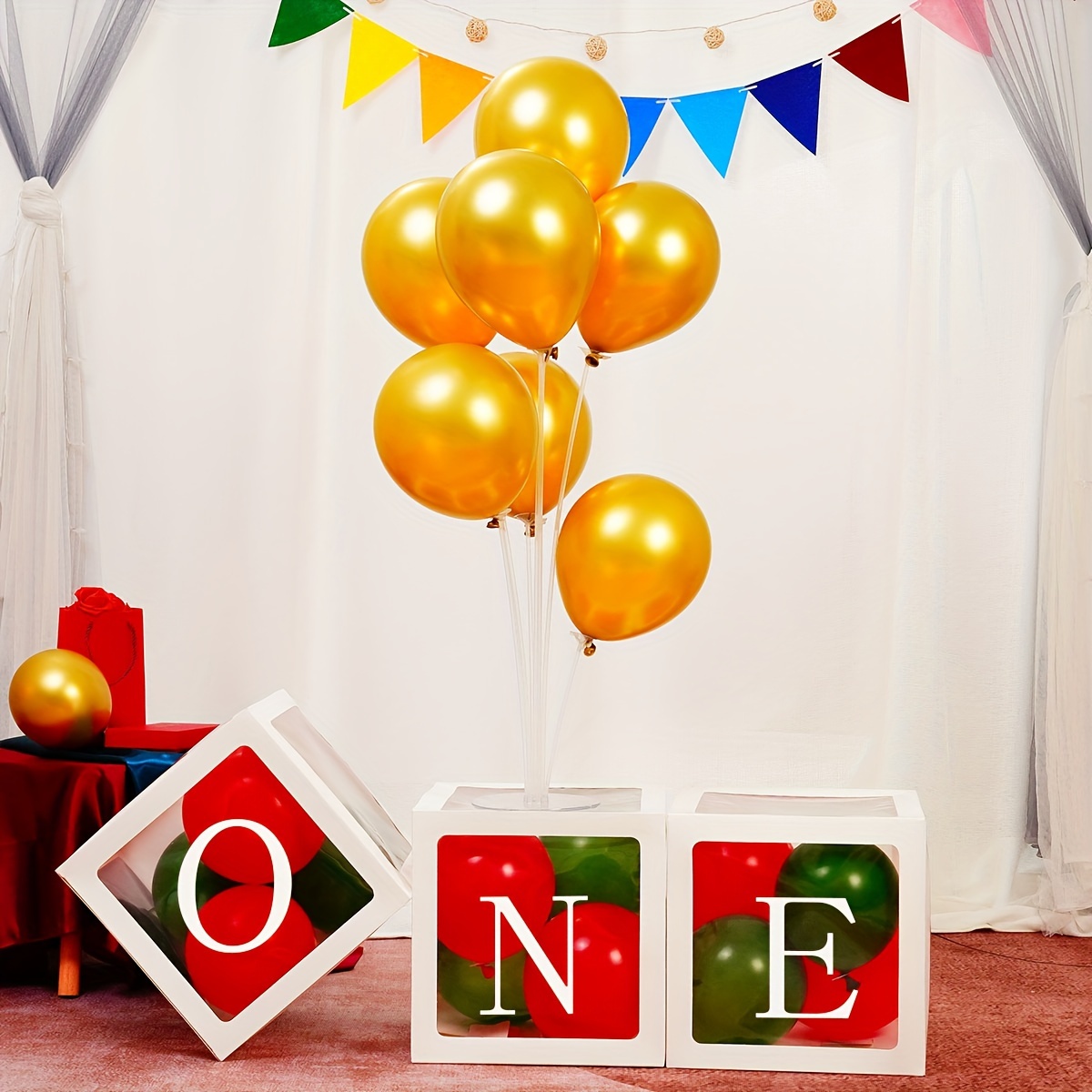Decoraciones para fiesta de primer cumpleaños para niña, letras  individuales con tres cajas cuadradas transparentes blancas con 24 globos  decorativos