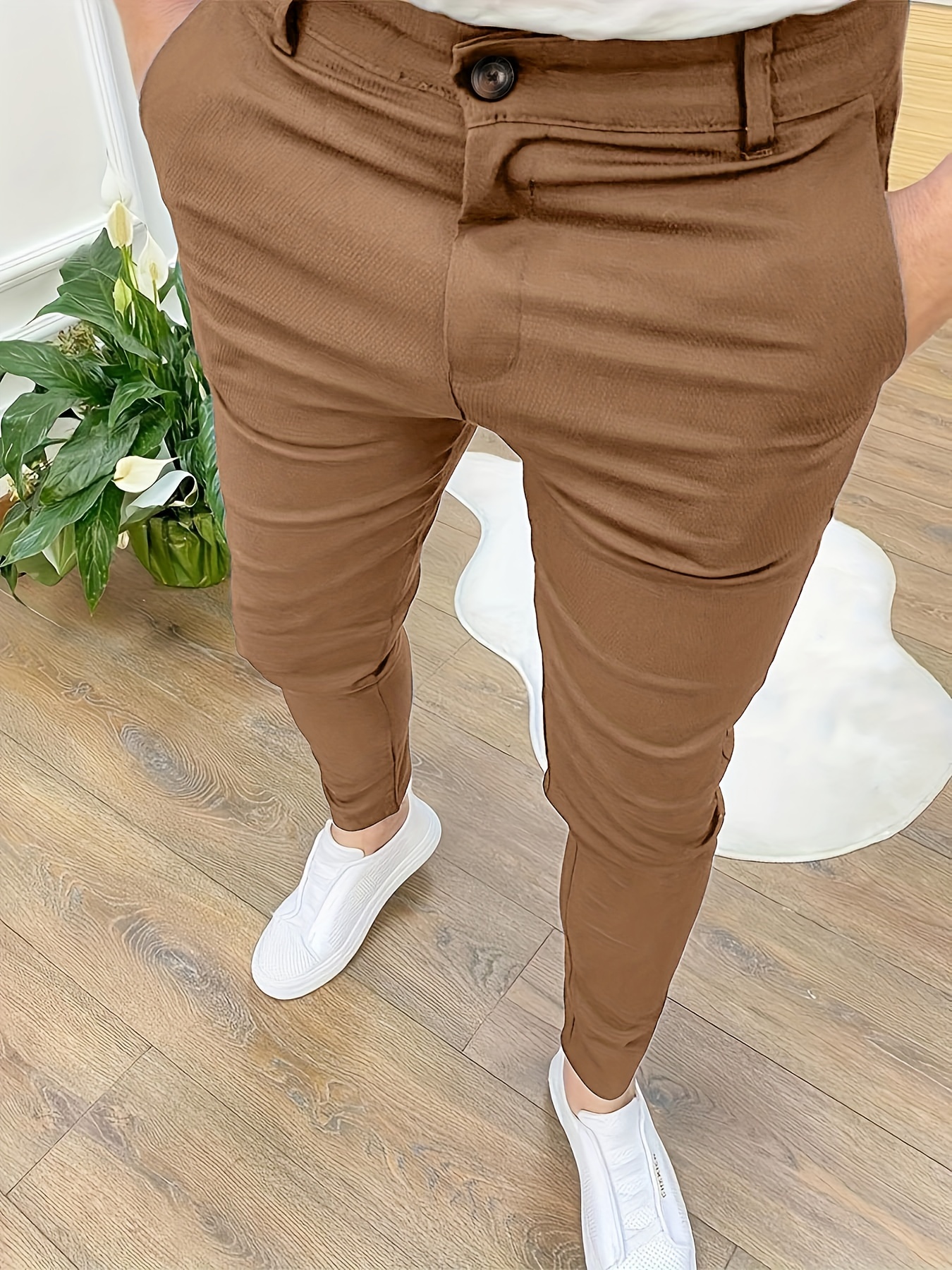 Pantalones Ajustados Color Sólido Pantalones Vestir - Temu