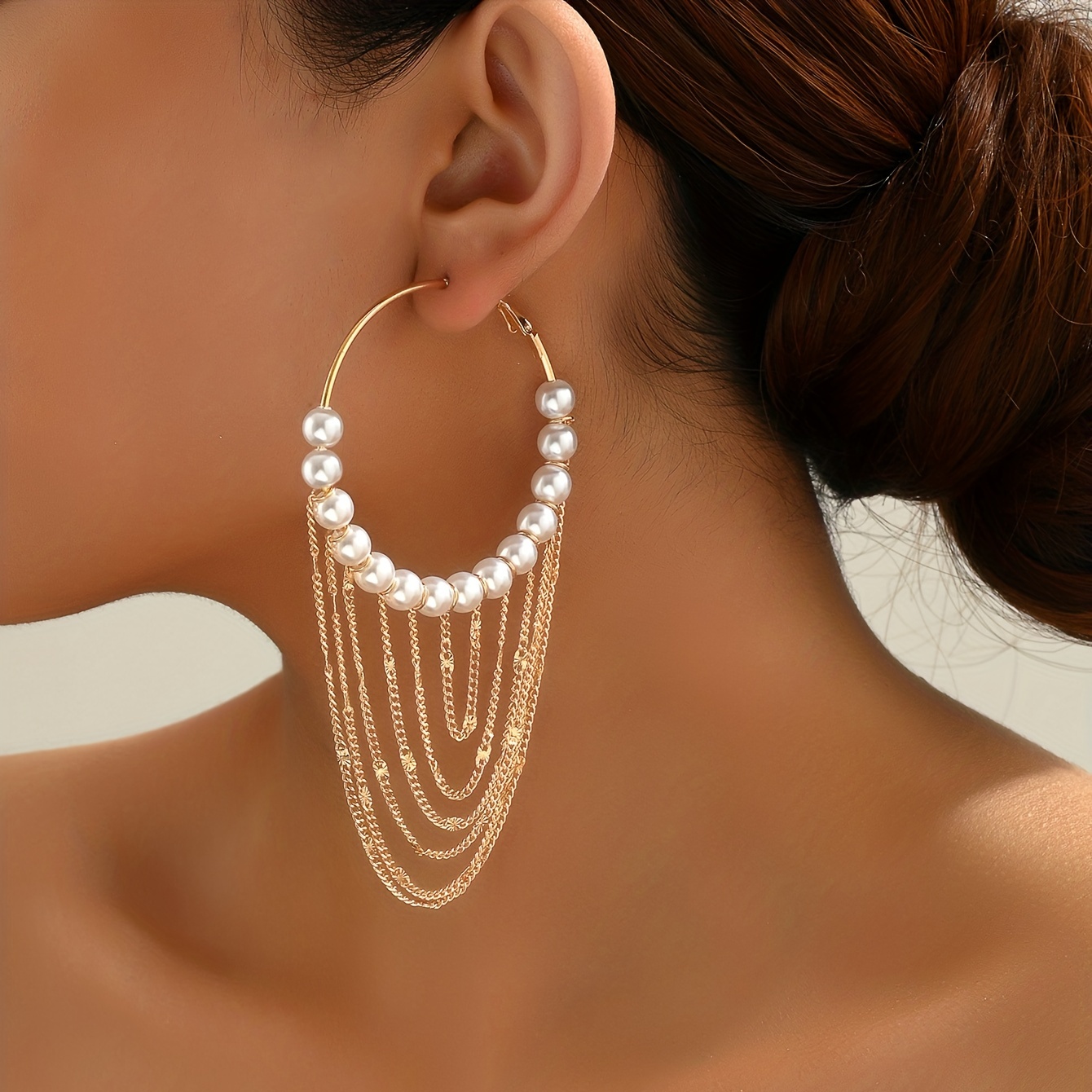 

Chain Tassel Pendant Faux Pearl Decor Hoop Earrings Elegant Simple Style Alloy Jewelry Delicate Female Gift