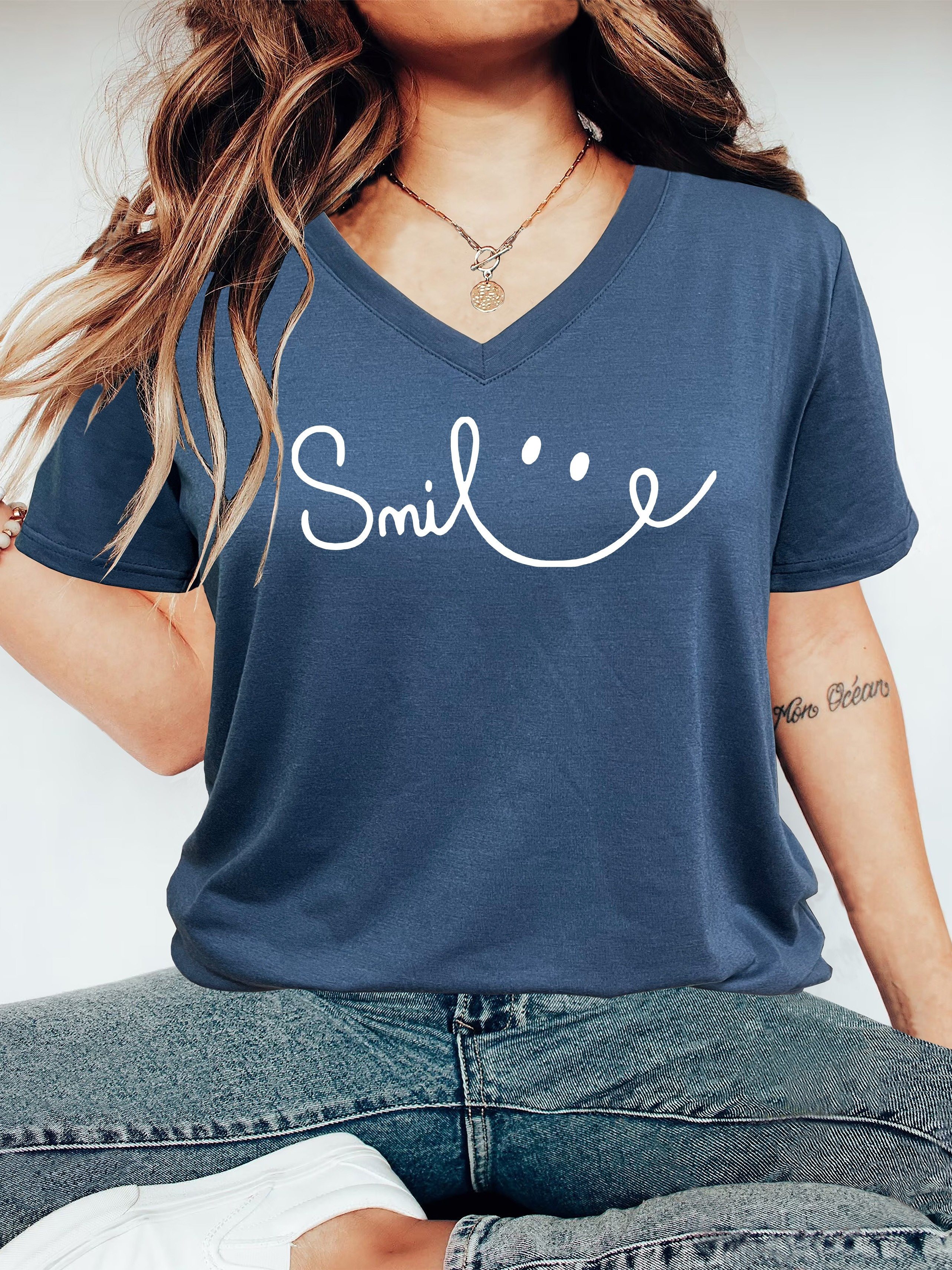 Plus Size Casual T shirt Women's Plus Smiling Face Letter - Temu