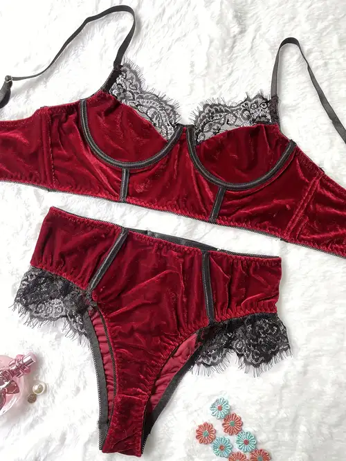 Velour Lace Edge Sexy Lingerie Set Perspective Hollow - Temu Canada