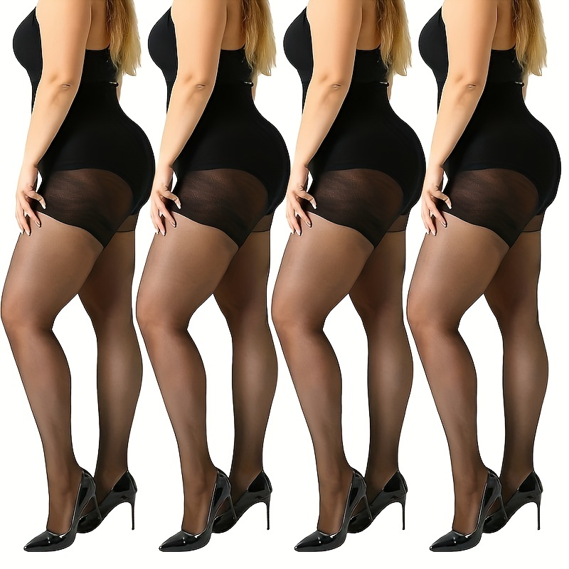 4 Pairs Plus Size Basic Stockings Set, Women's Plus Elastic Solid Control  Top Soft Pantyhose Four Piece Set