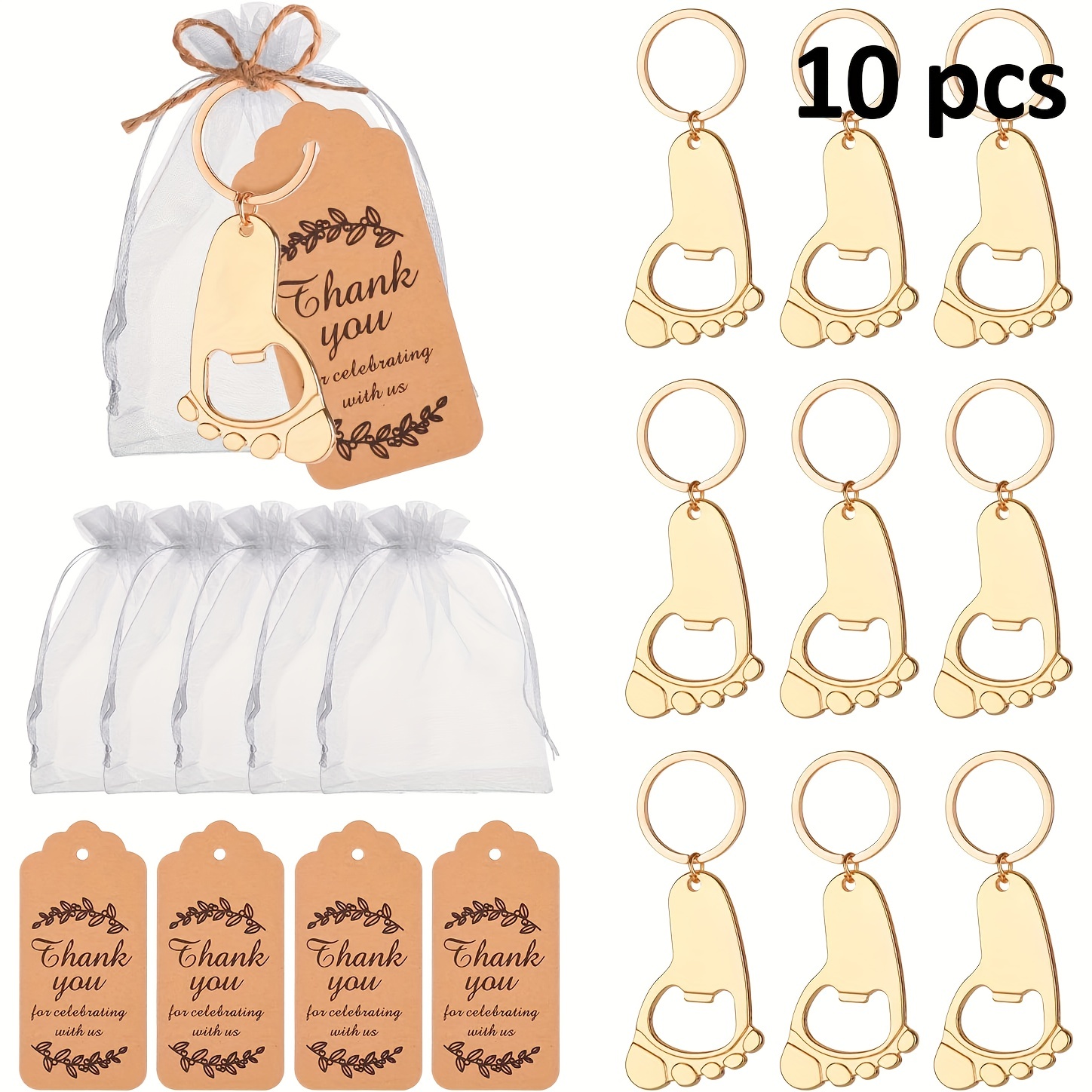 

10pcs Footprint Keychain Bottle Opener, Guest Baby Shower Souvenirs, Gifts, Supplies And Decorations, Souvenirs With Organza Bag Thank You Tag 30cm String