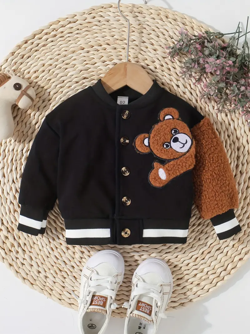 baby adorable bear embroidered jacket kids single breasted long sleeve trendy coat details 7