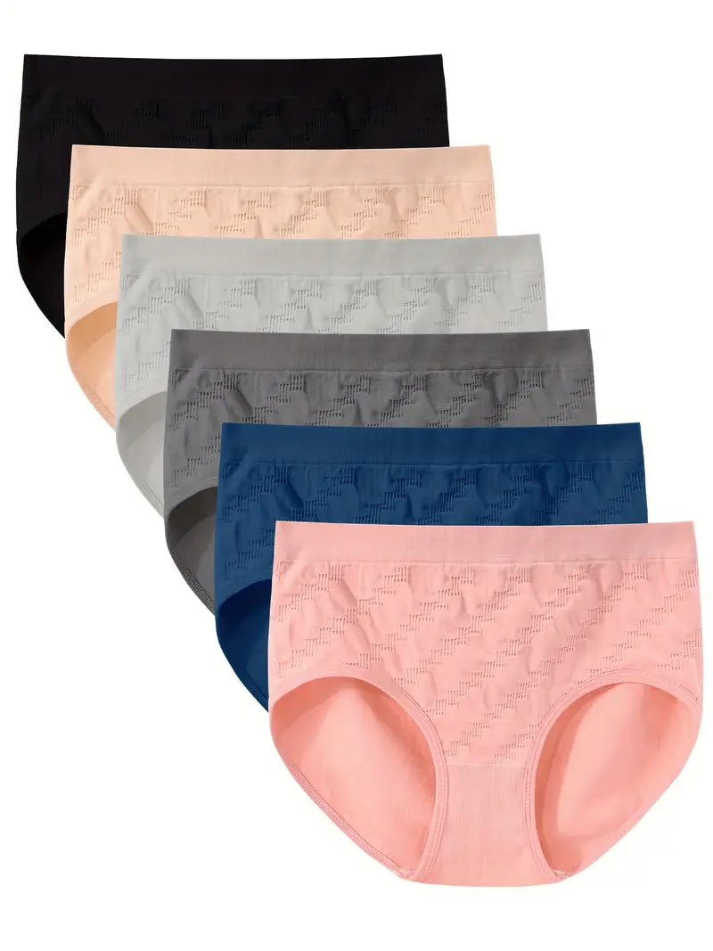 6pcs Simple Textured Briefs, Comfy & Breathable Stretchy Intimates Panties,  Women's Lingerie & Underwear
