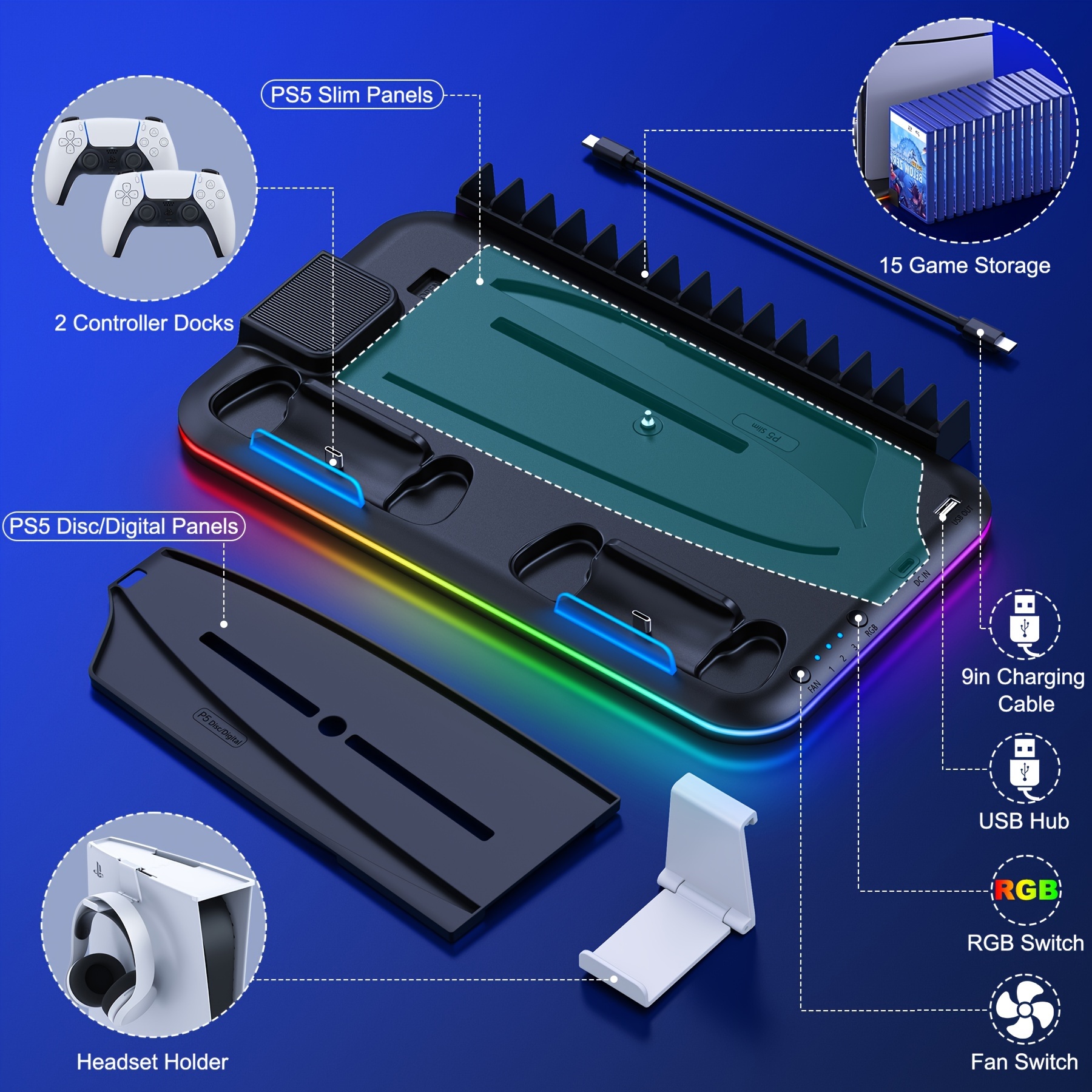 For PS5 Slim Multi-functional Cooling Base Grip Charge Base with RGB Light  Ring
