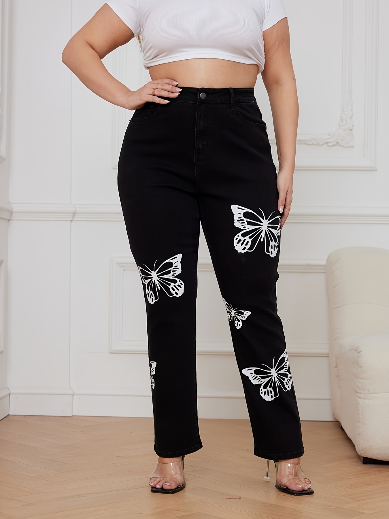  Bell Bottom Jeans Women Floral Embroidered Jeans Stretch  High Waisted Flare Jean Button Fly Y2K Wide Leg Denim Pants