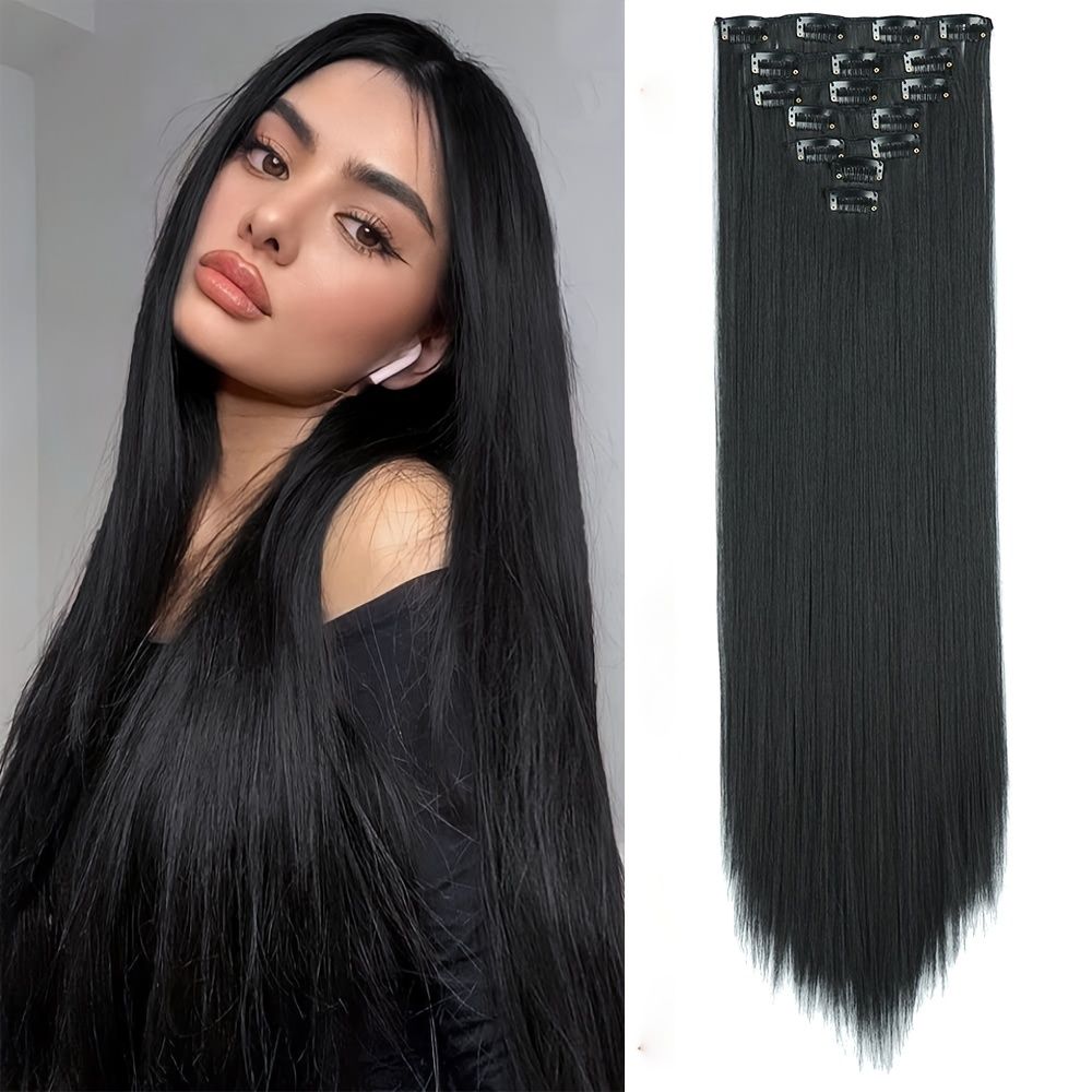 Clip In Hair Extensions Synthetic Black Thick Hair Extensions For Women 7  Pieces Set 16 Cards | Check Out Today's Deals Now | Temu