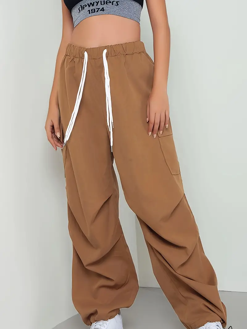 Ruched Solid Cargo Pants Elegant High Waist Drawstring Pants - Temu