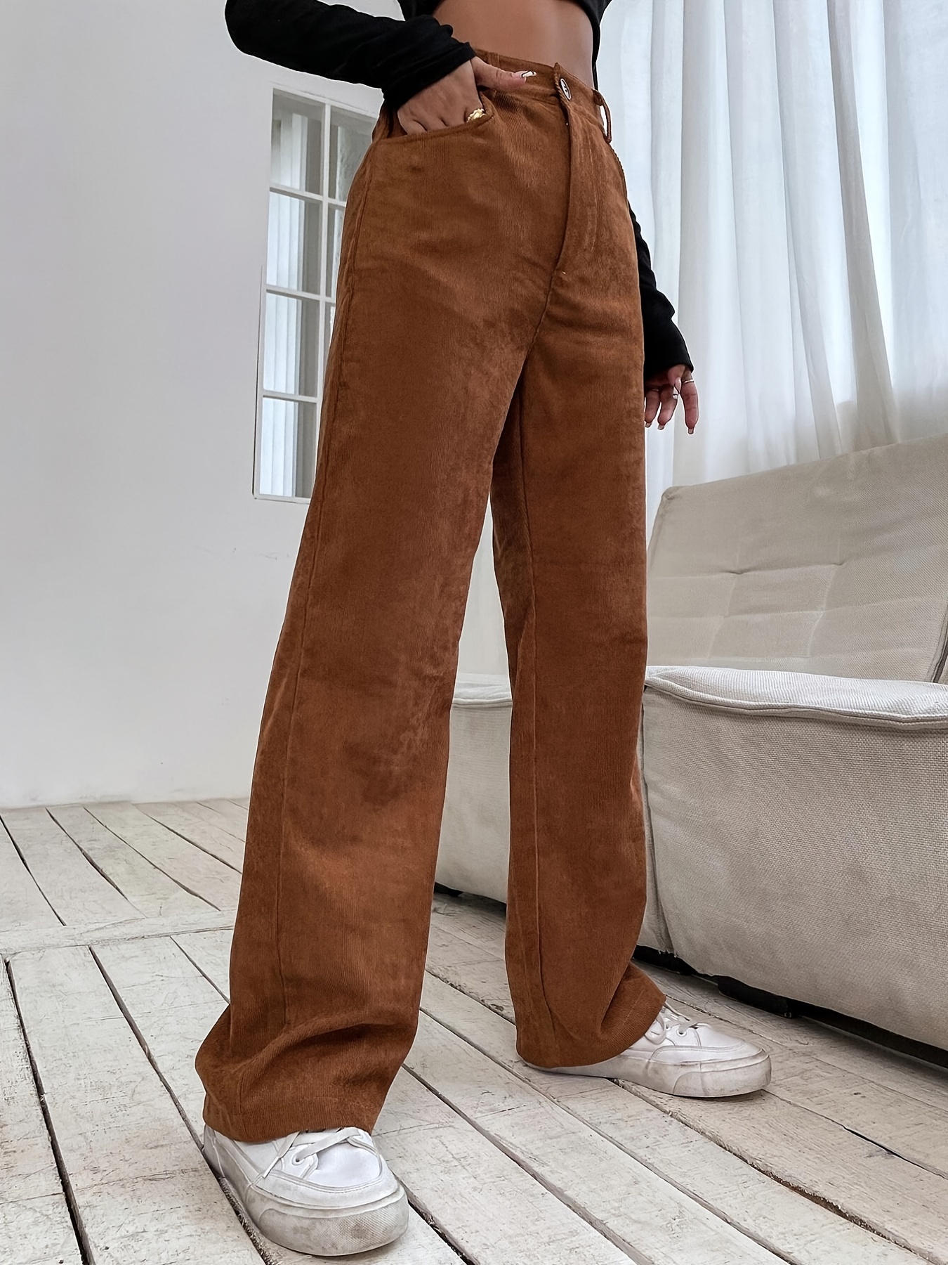 HHei_K Women's High Waist Casual Pants Solid Color Corduroy Loose Straight  Leg Trousers Women cargo pants women 