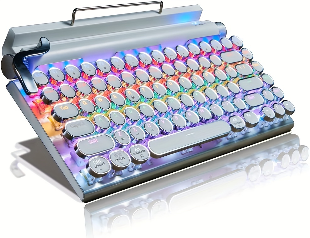 retro typewriter mechanical keyboard wired and wireless 5 0 compact led color light 80 layout keyboard hot swappable axis body can be plugged and unplugged pbt round keycaps details 5