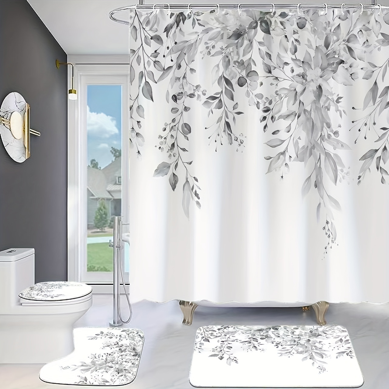 Eucalyptus Leaves Shower Curtain Set 4Pcs Bath Curtain with Hook Waterproof  Bathroom Curtain Set with Non-Slip Rug Bath Mat and Toilet Lid Cover
