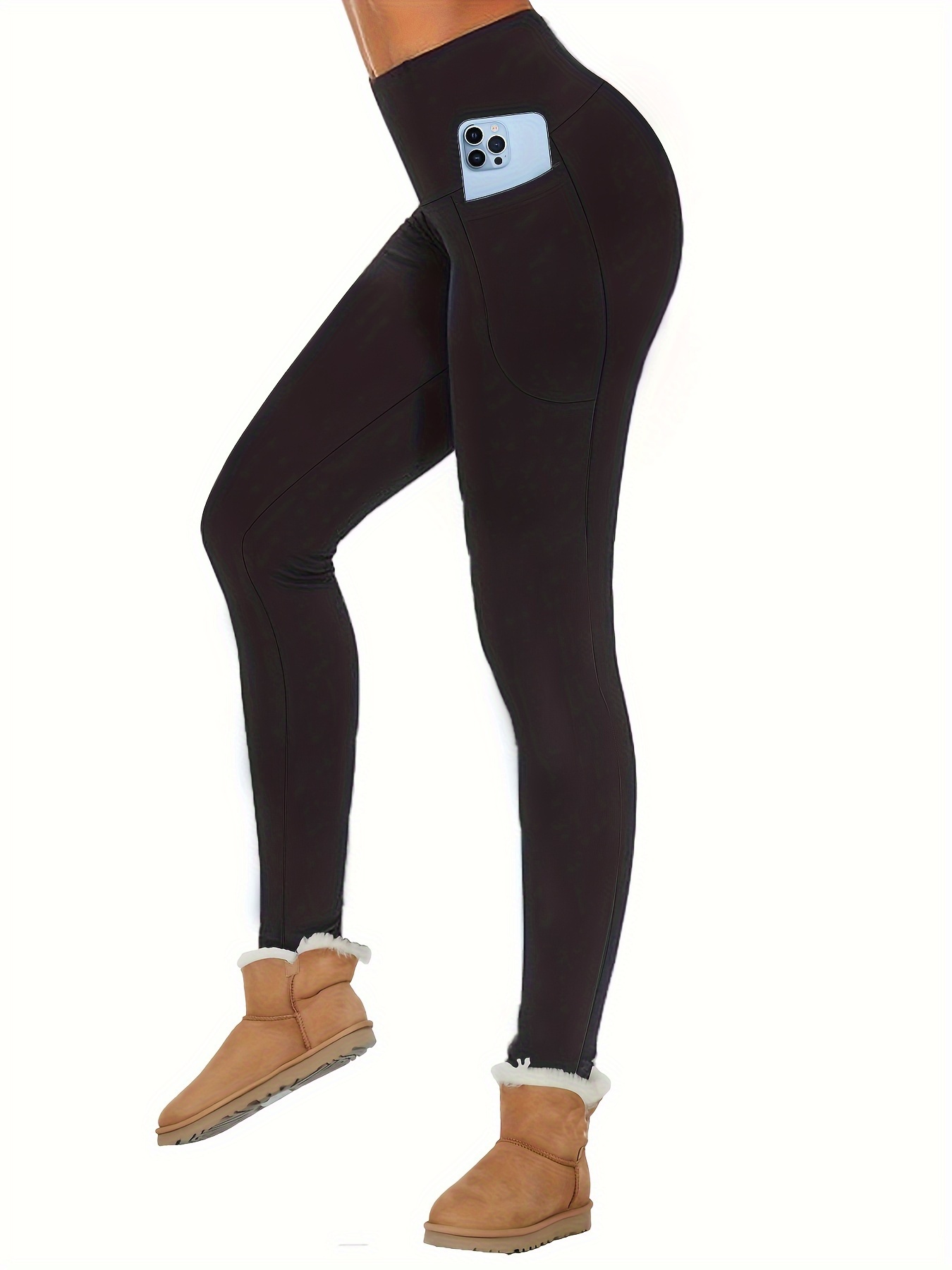 1pc Winter Women'S Fleece-Lined Leggings With Pockets, Thick